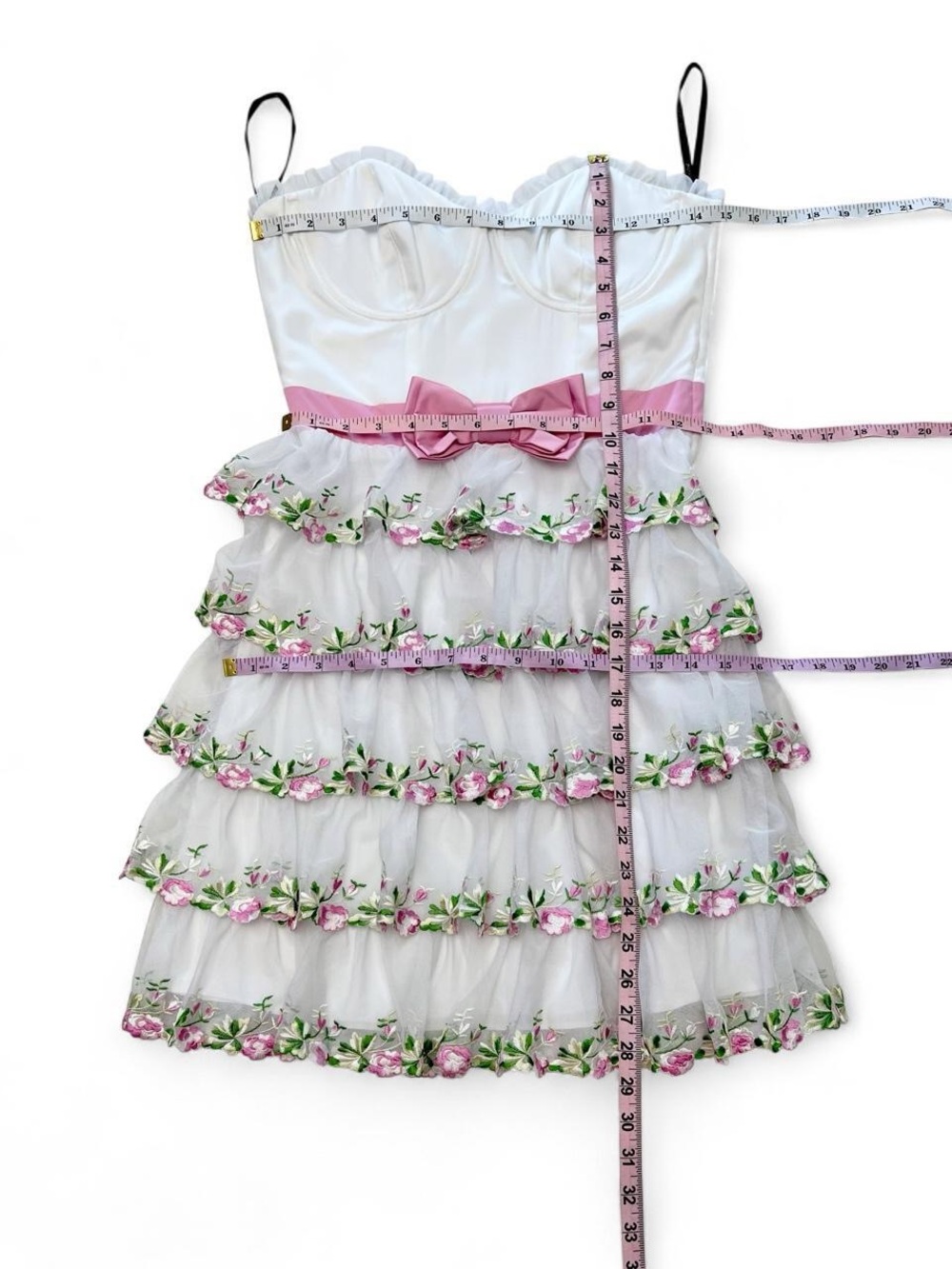 Betsey Johnson White & Pink Floral Tiered Party Dress with Bow - Picture 8 of 8